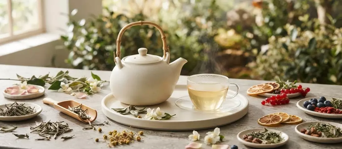 White teapot and a glass of tea in a garden, surrounded by loose leaf teas