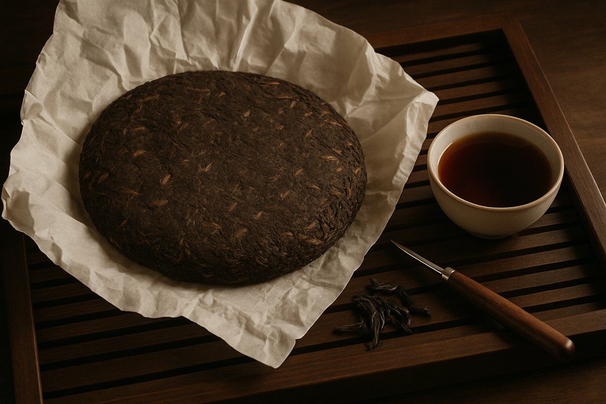 A pressed pu-erh tea cake on a wooden tea tray with a cup of dark pu-erh tea