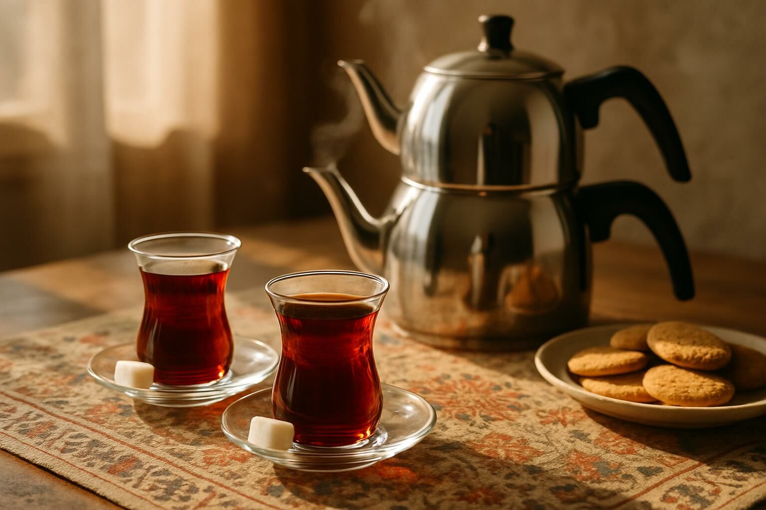 Turkish tea in tulip-shaped glasses beside a two-tier çaydanlık teapot