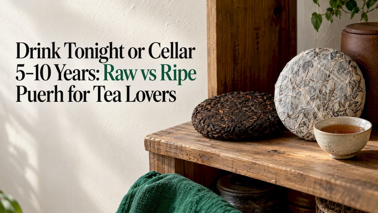 Raw and ripe puerh cakes beside brewed tea