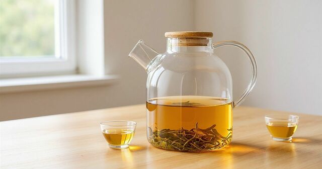 A clear glass teapot of amber oolong tea with unfurled leaves in the infuser, next to two small glass cups